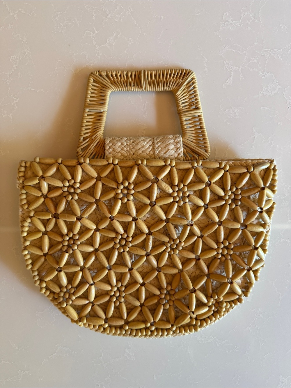 a new day Natural Straw Floral Bead Woven Tote